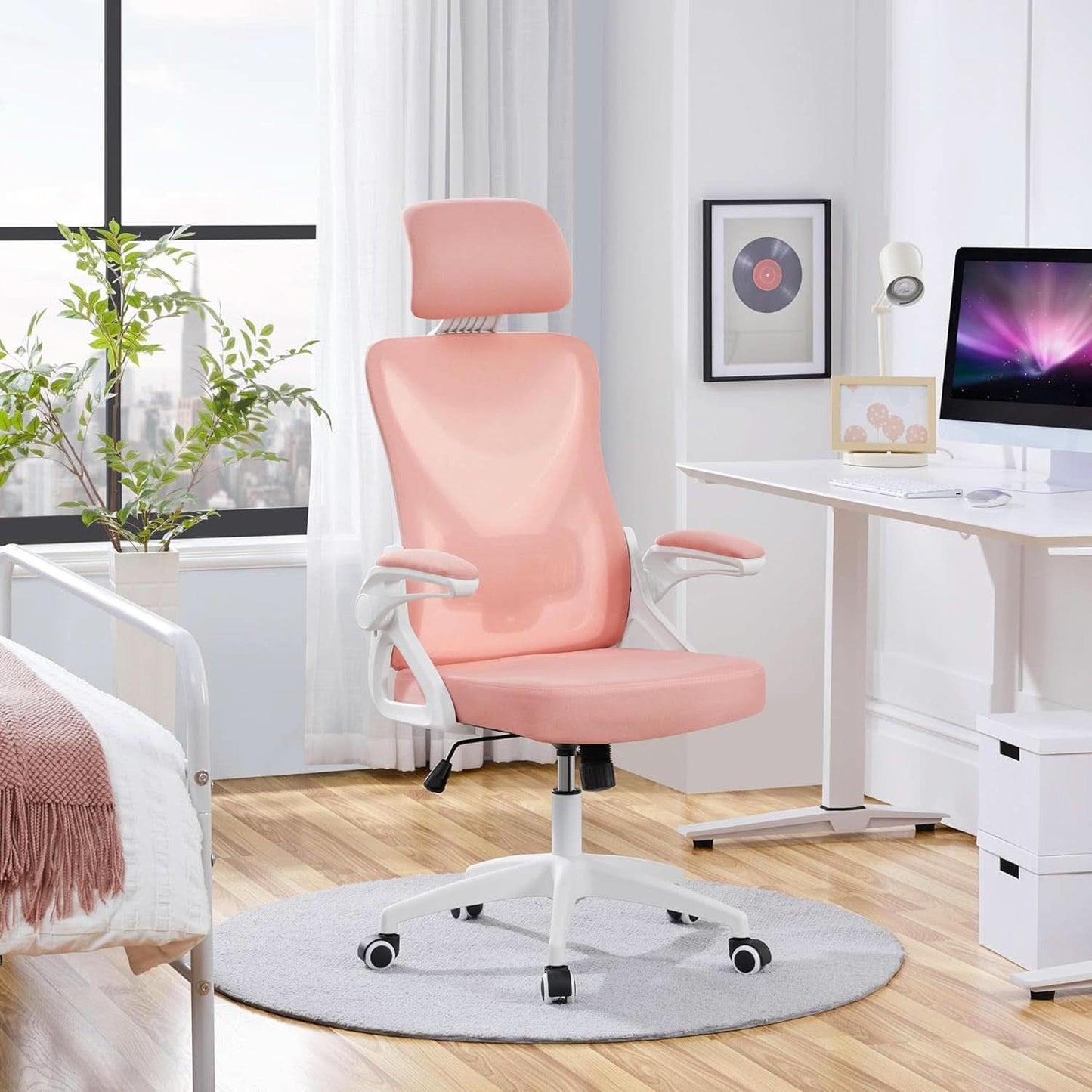 Ergonomic Office Chair High Back Mesh White Pink Lumbar