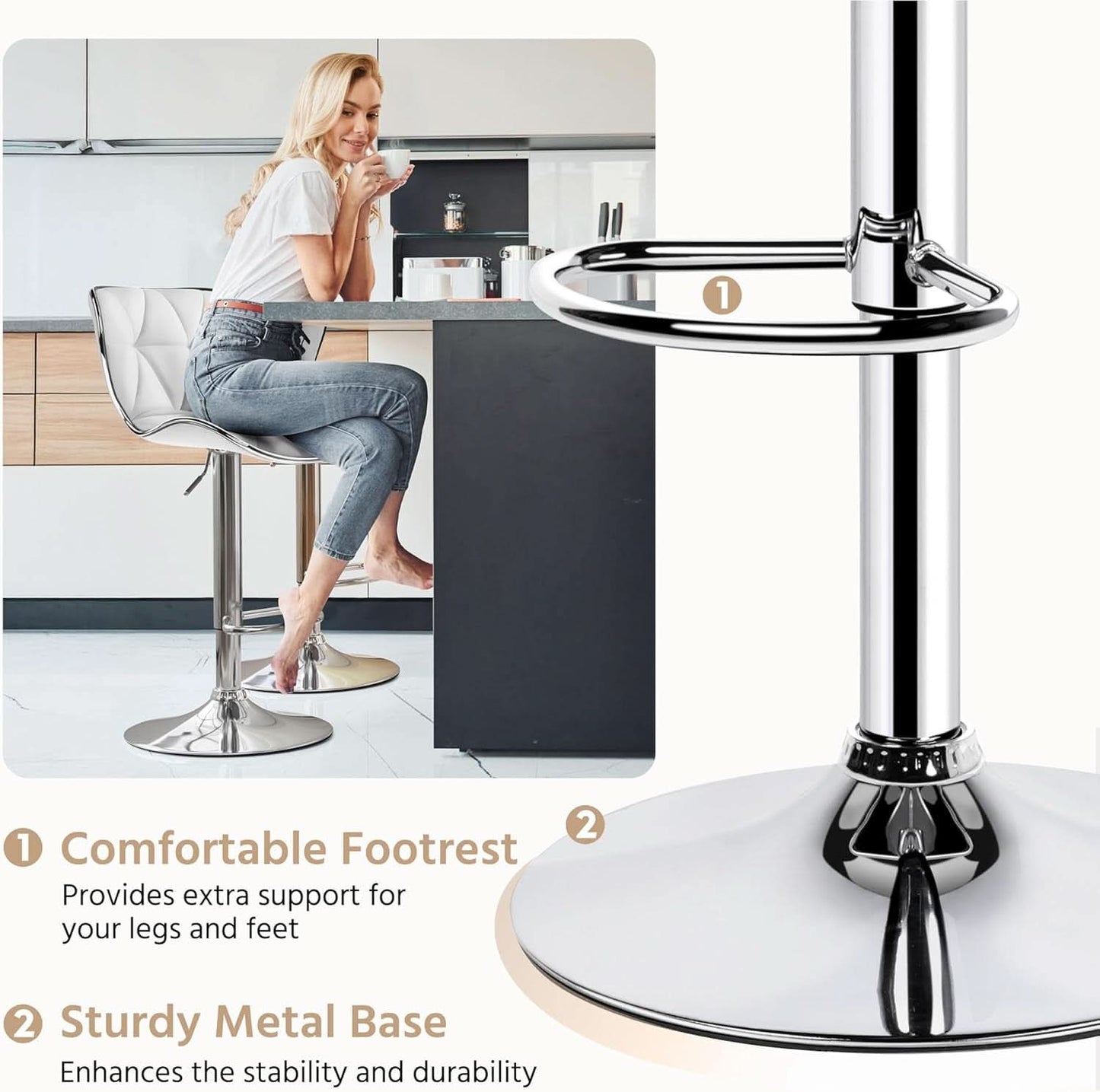 Bar Stools Set Of 2 White PU Leather Adjustable Swivel