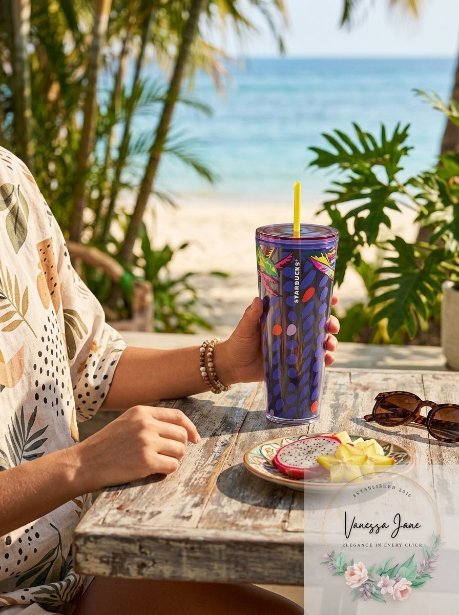 Starbucks Floral & Leaves Purple Plastic Tropical Cold Cup 24 Oz New Summer 2023