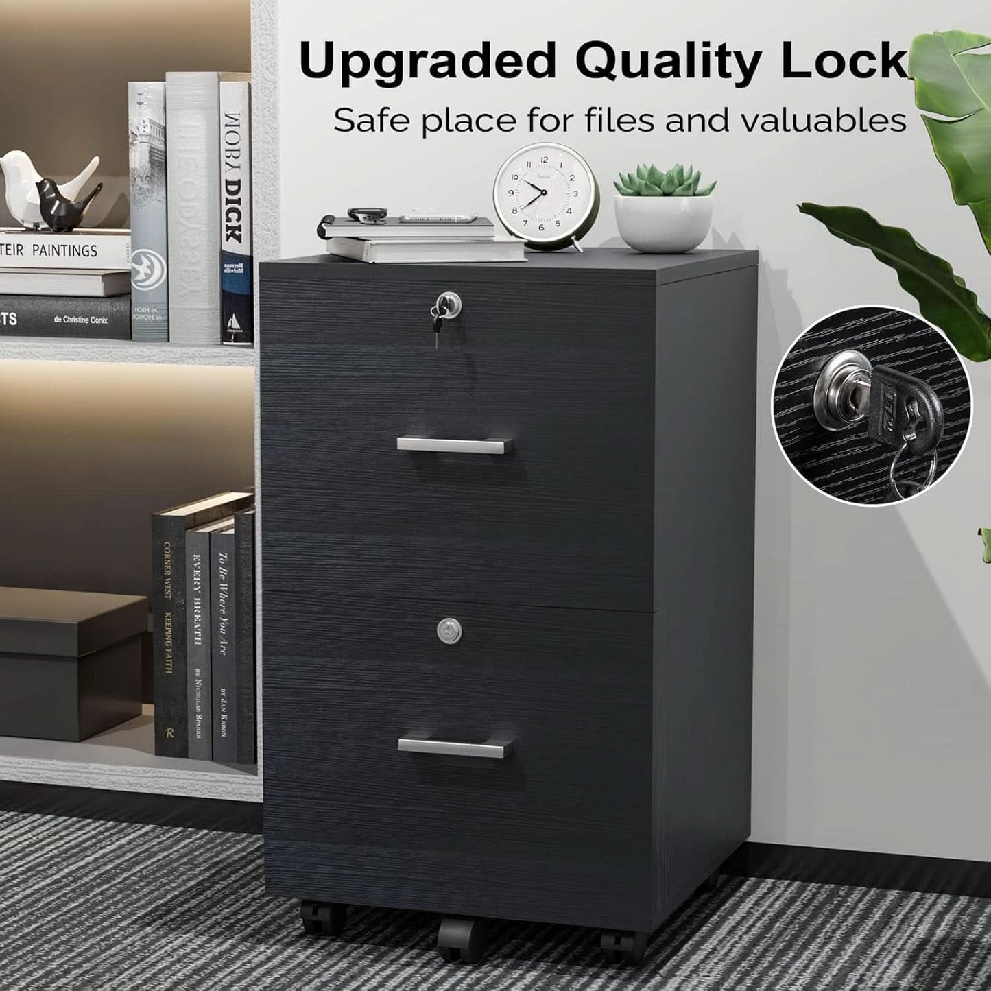 2 Drawer Rolling File Cabinet With Lock For Letter Size Folders Under Desk Black