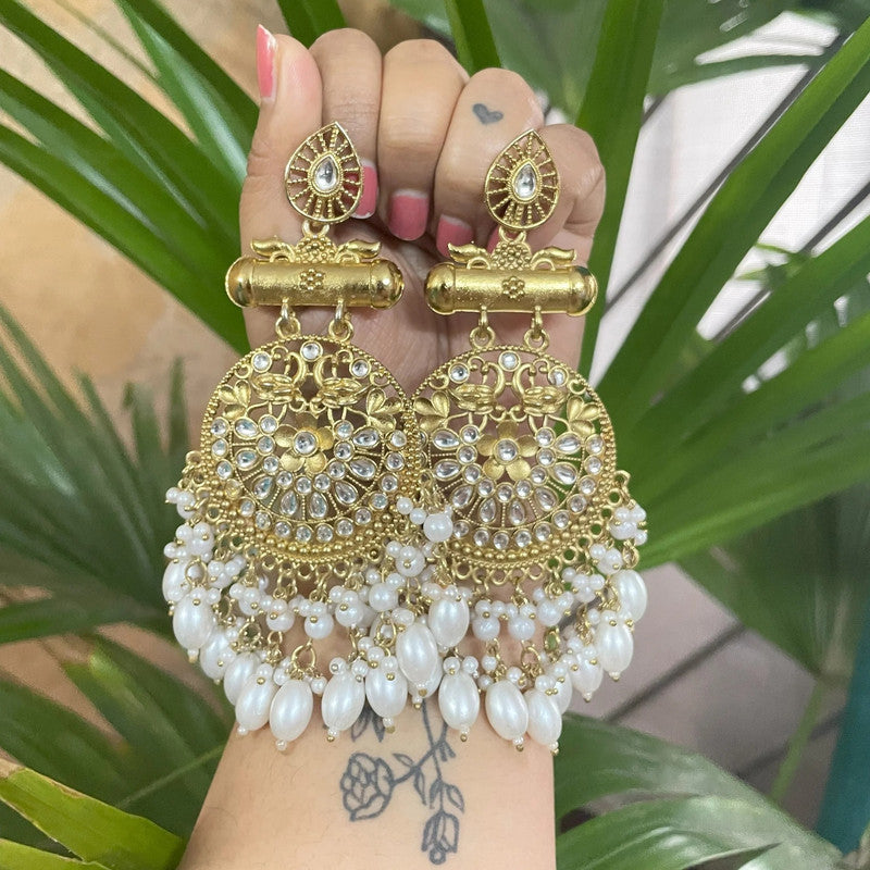 Tehzeeb Creations Traditional Gold-Polished White Kundan Pearl Drop Chandbali Earring For Women/Girls