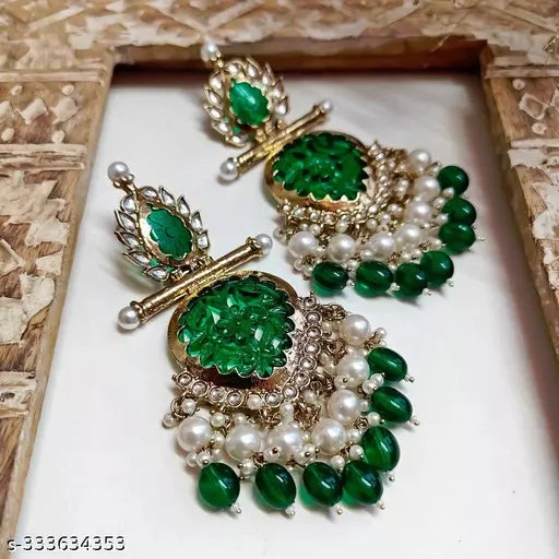 Tehzeeb Creations Latest Gold Polish Kundan & Pearl Studded Designer Drop Long Earrings For Women And Girls Green