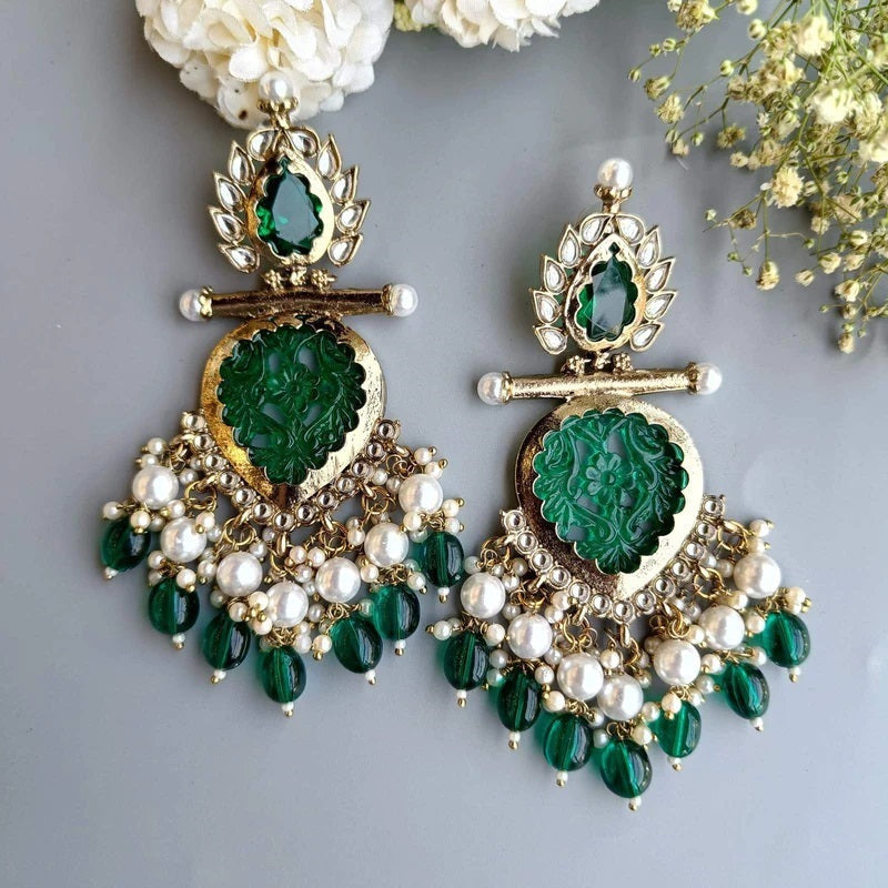 Tehzeeb Creations Latest Gold Polish Kundan & Pearl Studded Designer Drop Long Earrings For Women And Girls Green