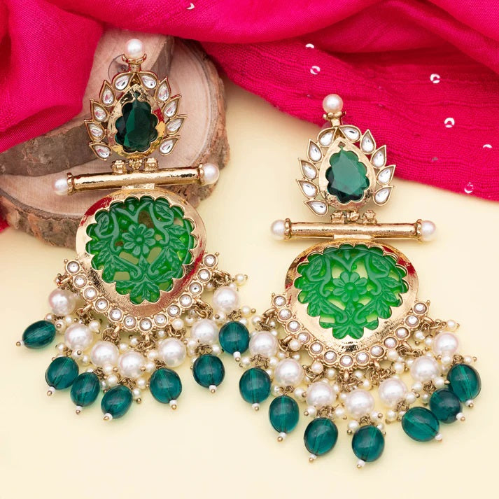 Tehzeeb Creations Latest Gold Polish Kundan & Pearl Studded Designer Drop Long Earrings For Women And Girls Green