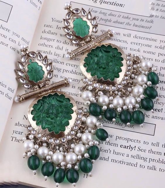 Tehzeeb Creations Latest Gold Polish Kundan & Pearl Studded Designer Drop Long Earrings For Women And Girls Green