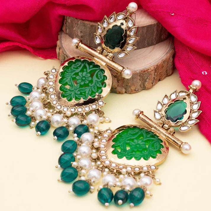 Tehzeeb Creations Latest Gold Polish Kundan & Pearl Studded Designer Drop Long Earrings For Women And Girls Green