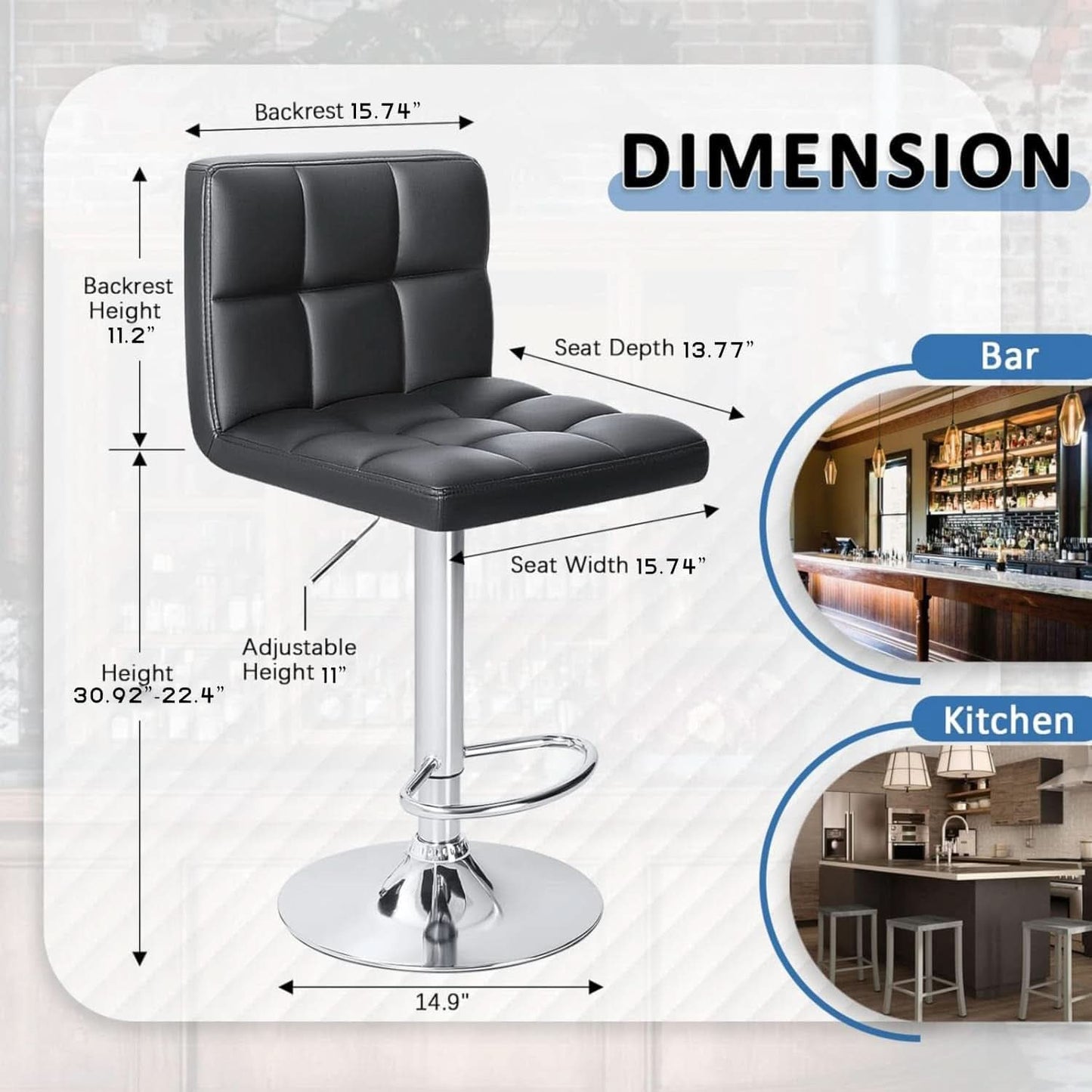 Black PU Leather Adjustable Swivel Bar Stools Set Of 2