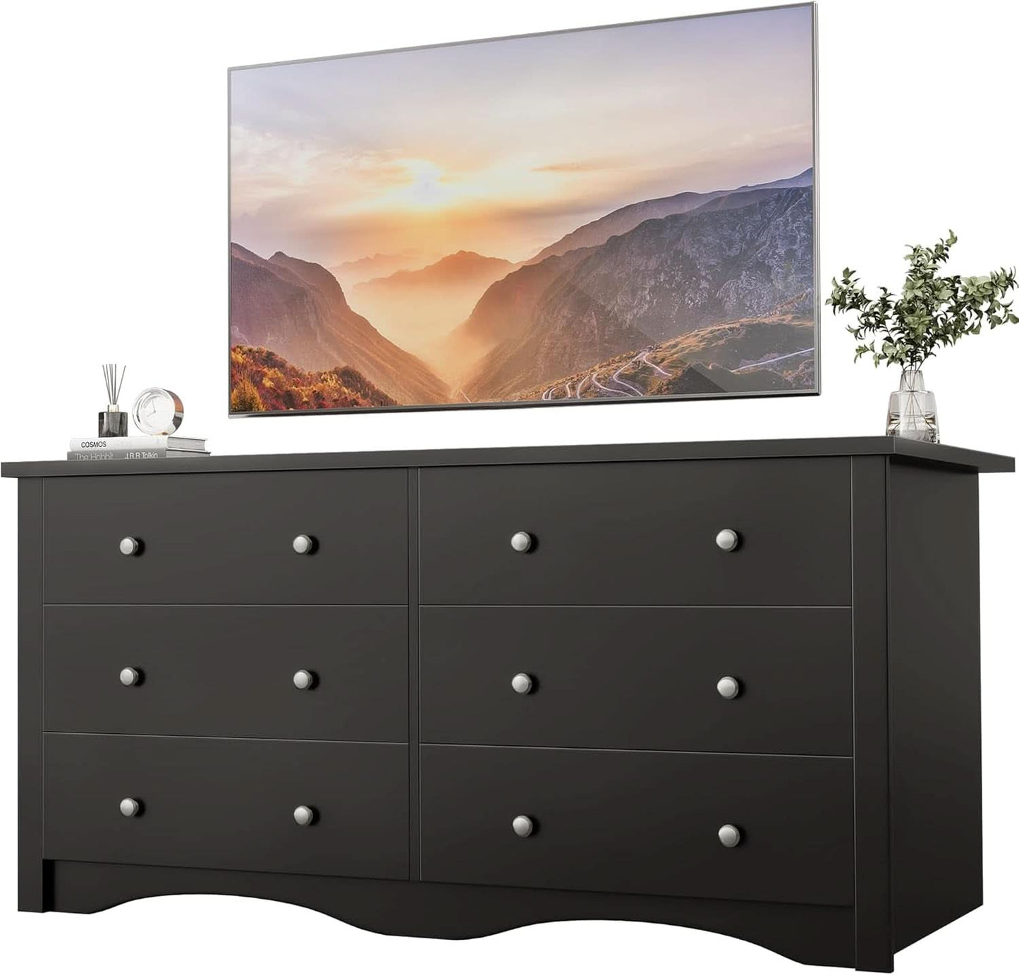 Black Dresser With Six Deep Drawers For TV Storage