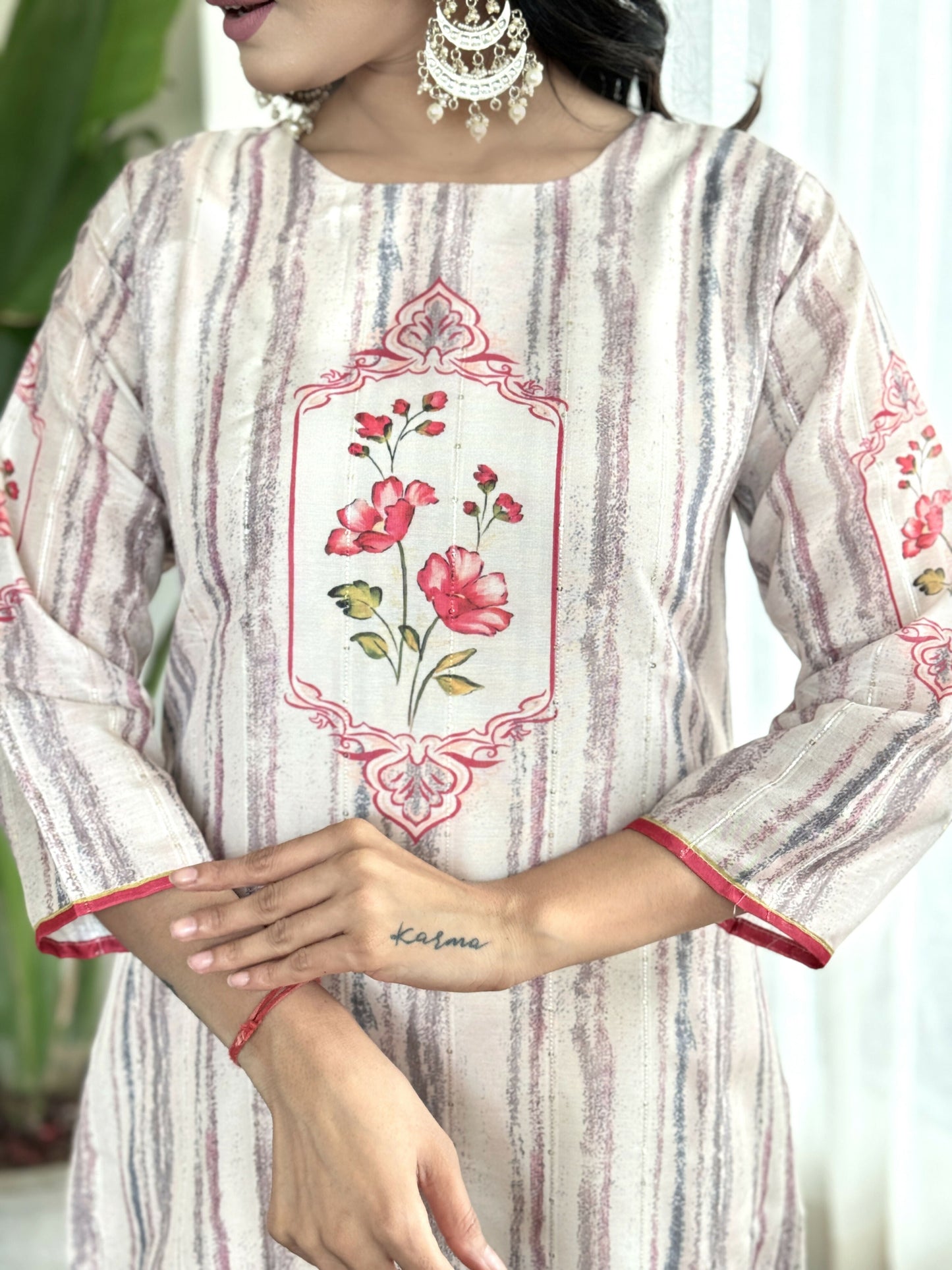 White Multi Viscose Chanderi Stitched Suit With Dupatta - Tanisha