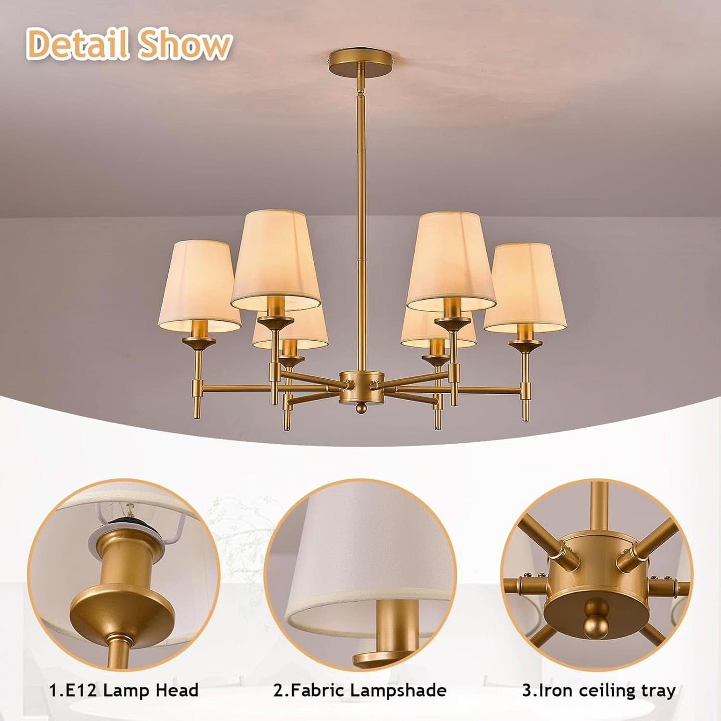 Gold Farmhouse Chandelier 6 Light Linen Shade Fixture