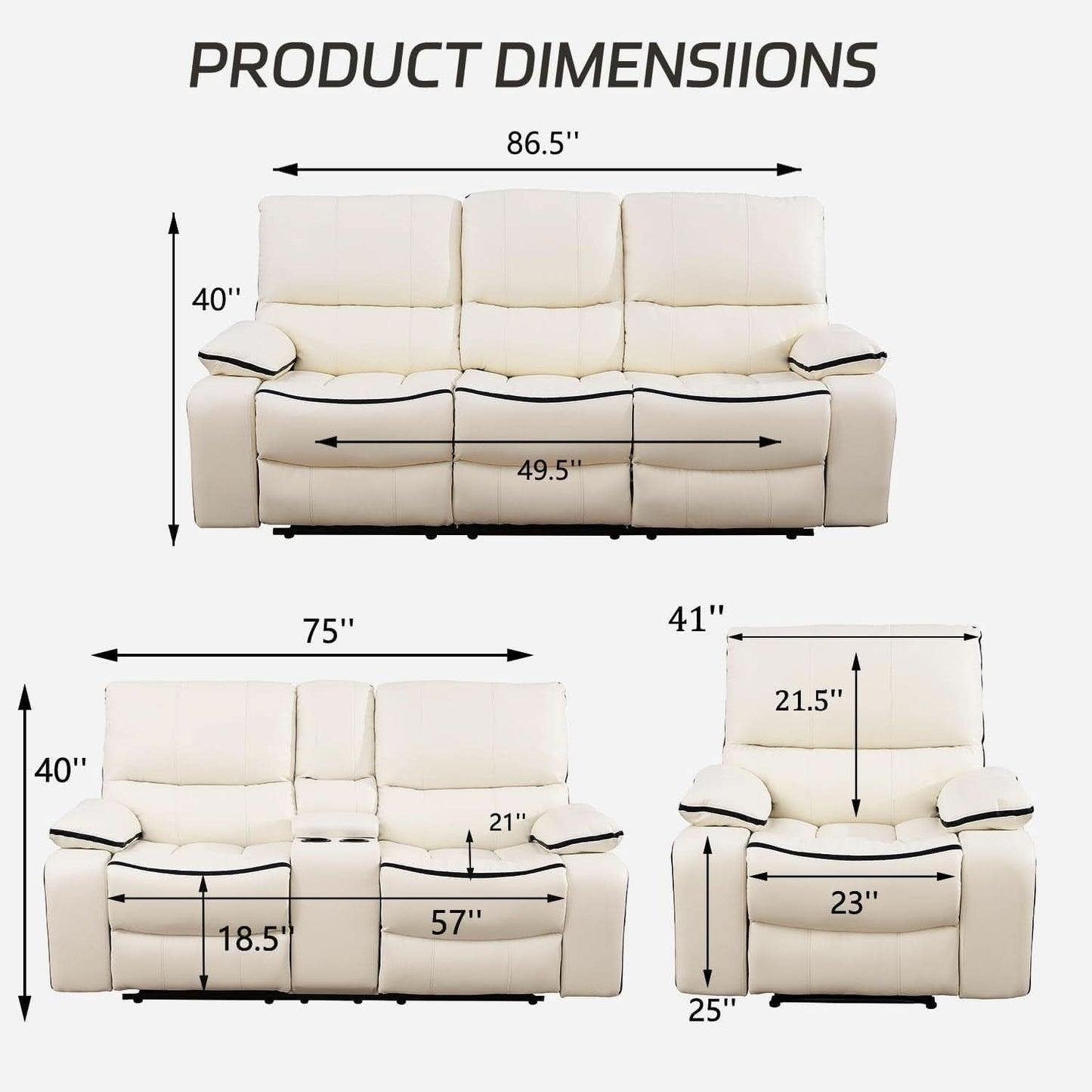 Creamy White Leather Recliner Sofa Set With Storage Console
