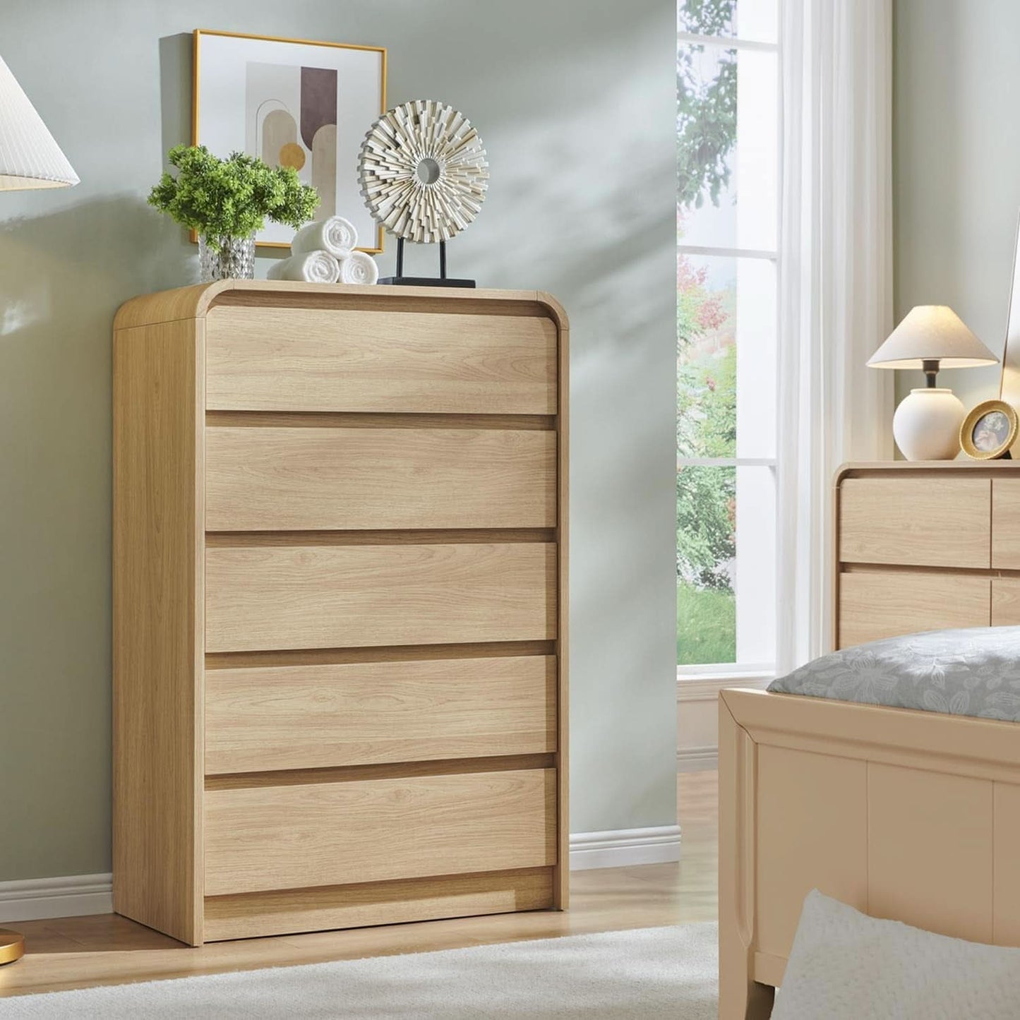 Vertical Dresser With Five Drawers In Natural Oakgrain
