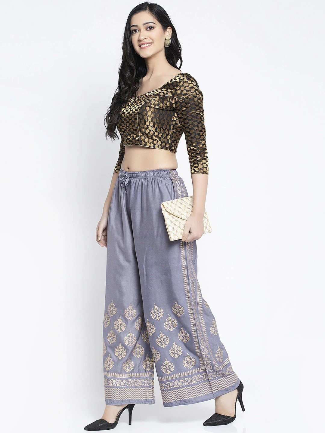 PAVONINE Grey Color Block Side Printed Rayon Fabric Sharara For Women