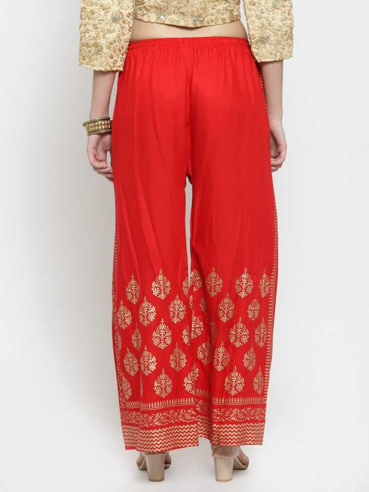 PAVONINE Red Color Block Side Printed Rayon Fabric Sharara For Women