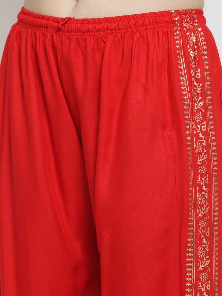 PAVONINE Red Color Block Side Printed Rayon Fabric Sharara For Women
