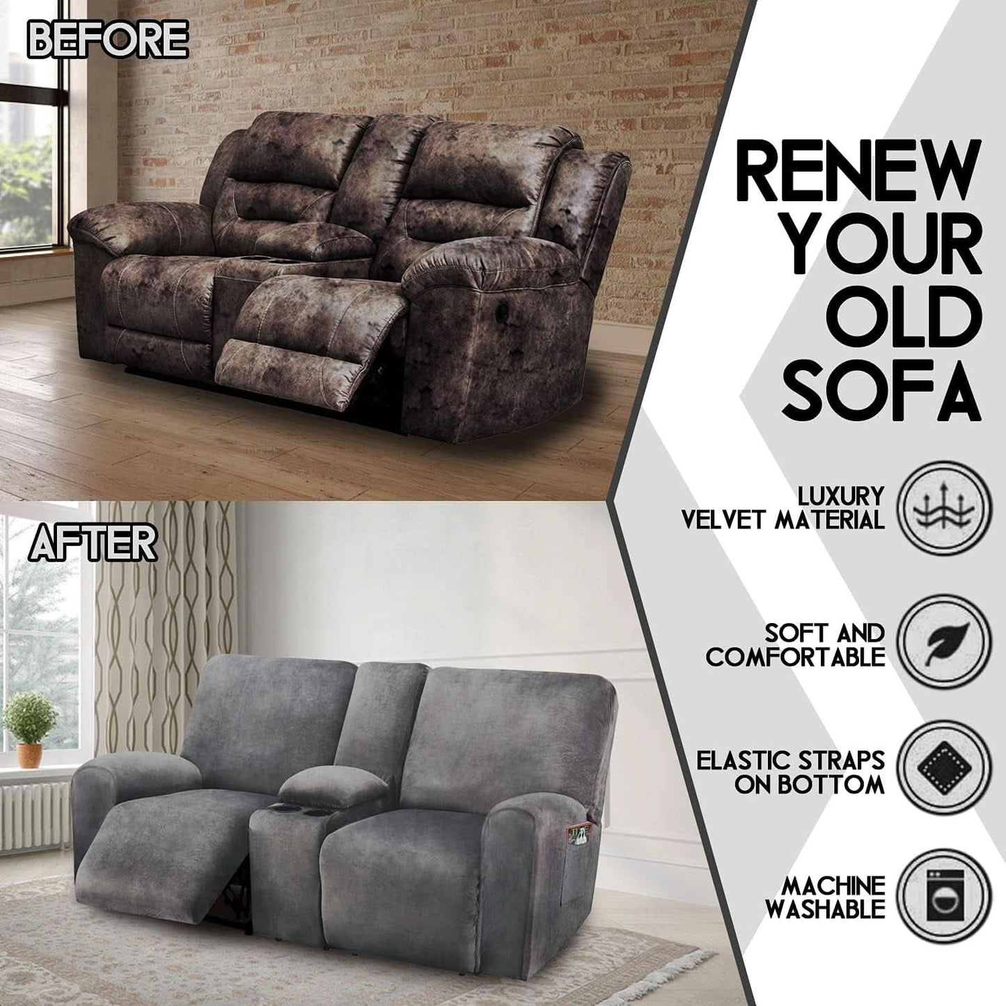 Dark Grey Velvet 8 Piece Reclining Loveseat Slipcover