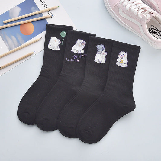 4Pair Spring And Summer Combed Out Of Pure Cotton Socks Mid Waist Fashion Bear Socks Cute Animal Socks Kawaii Cute Cartoon Purple College Socks For Men And Women