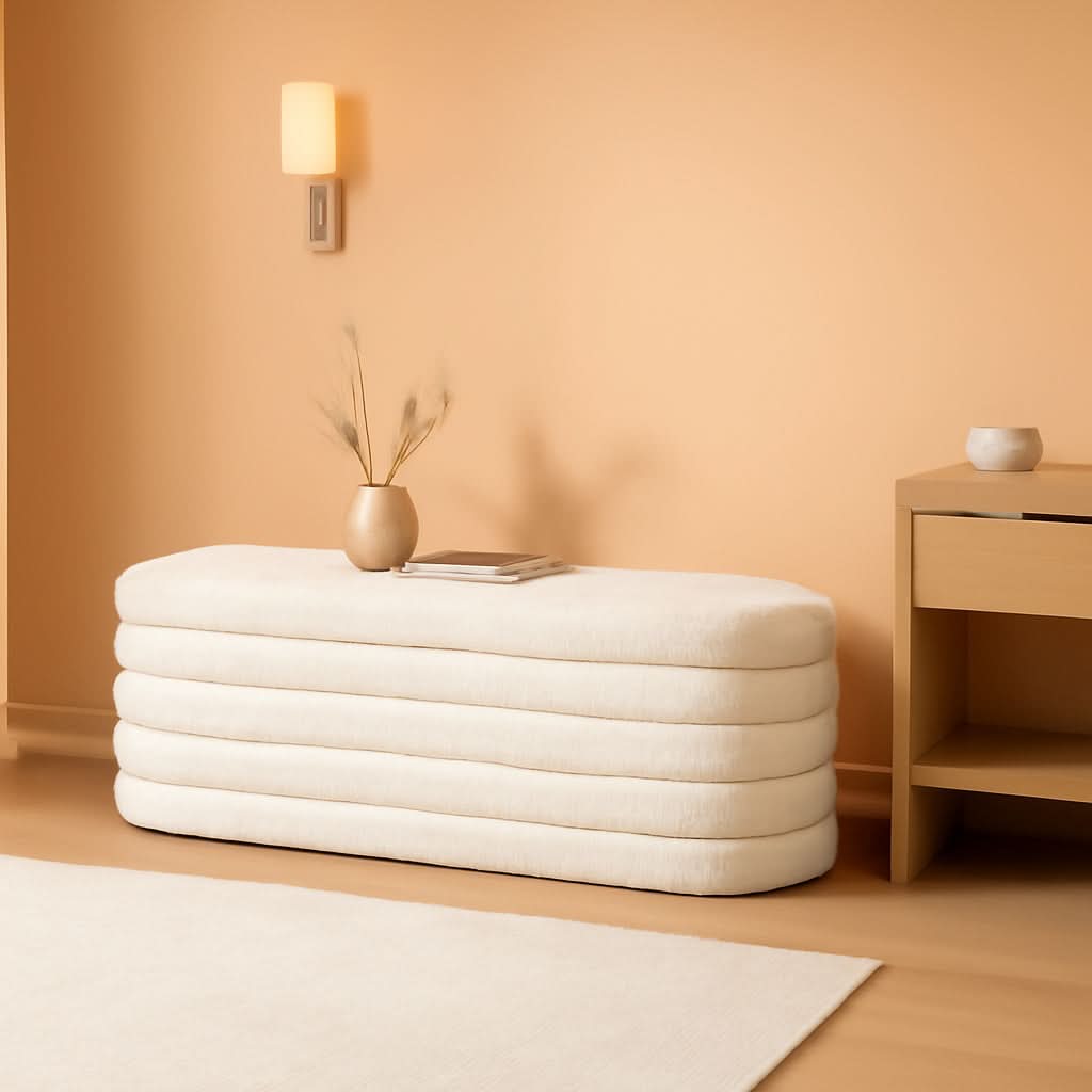 43 Inch SherpaWhite Upholstered Storage Ottoman Bench