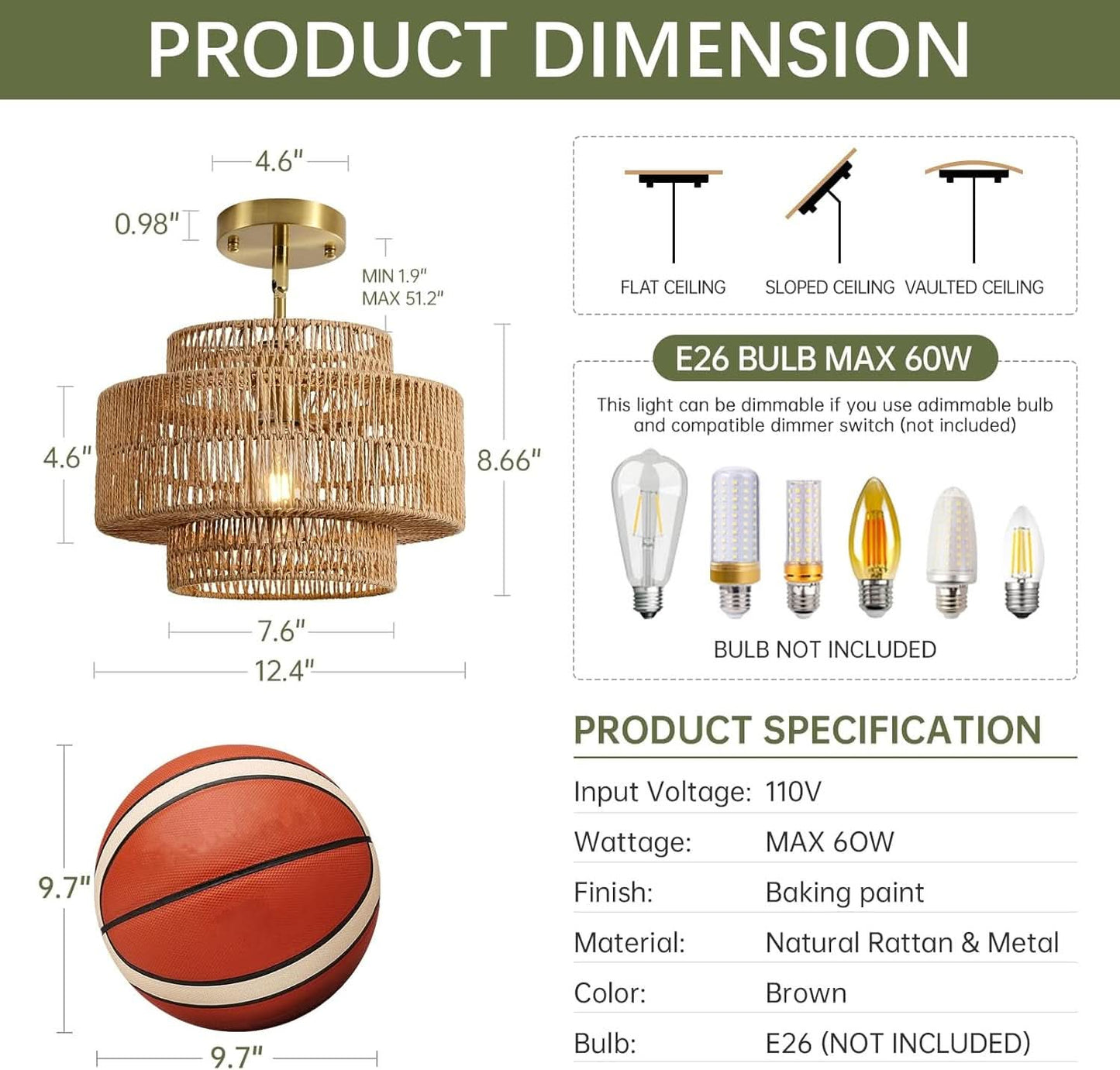 Boho Rattan Chandelier Handwoven Pendant Light Natural