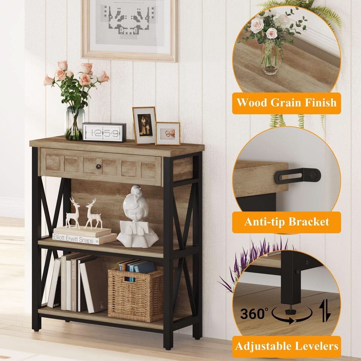 Rustic Oak 3 Tier Bookshelf With Drawer Industrial Wood And Metal Bookcase