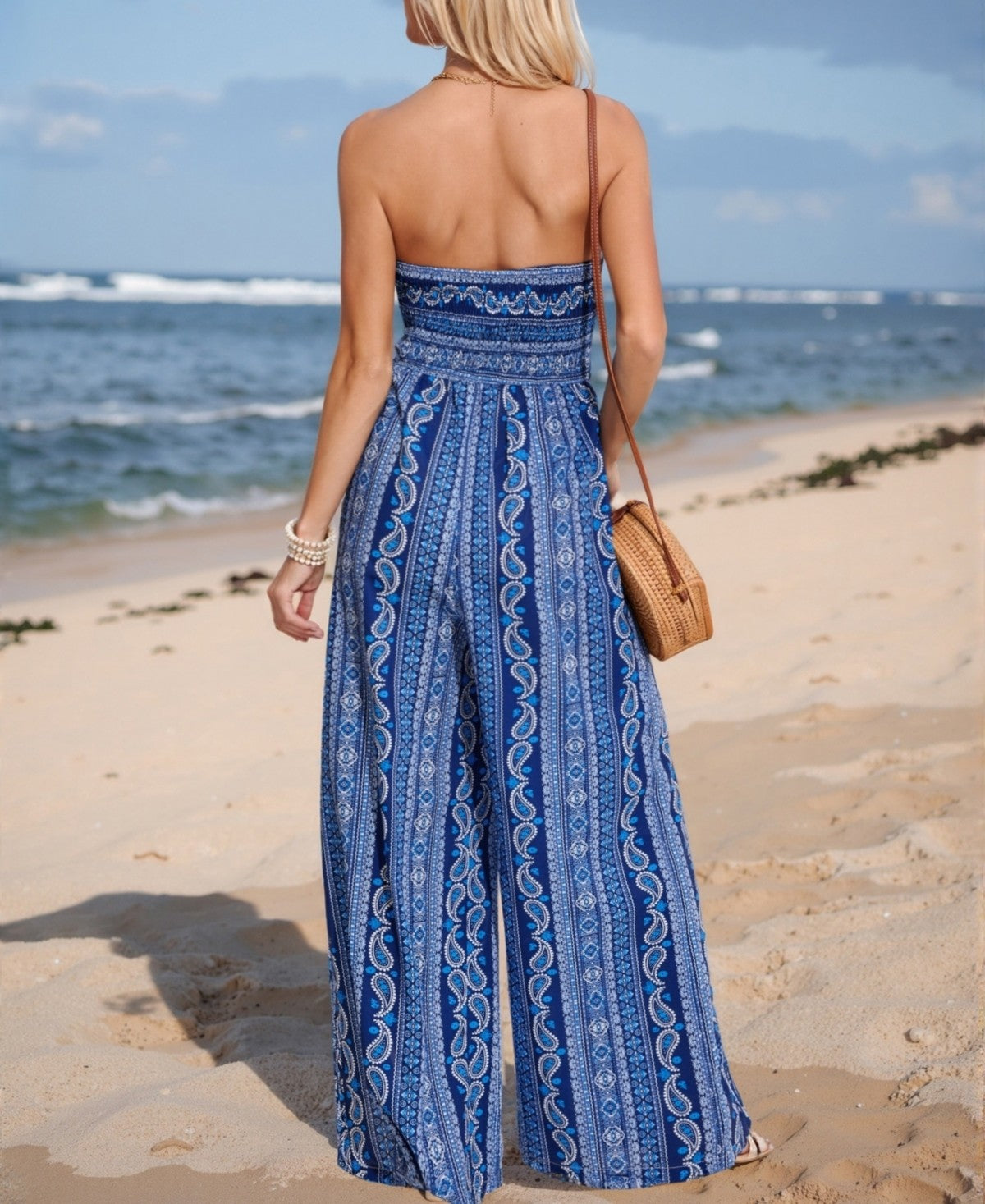 Cupshe Womens Indigo Paisley Strapless Wide Leg Jumpsuit, Large