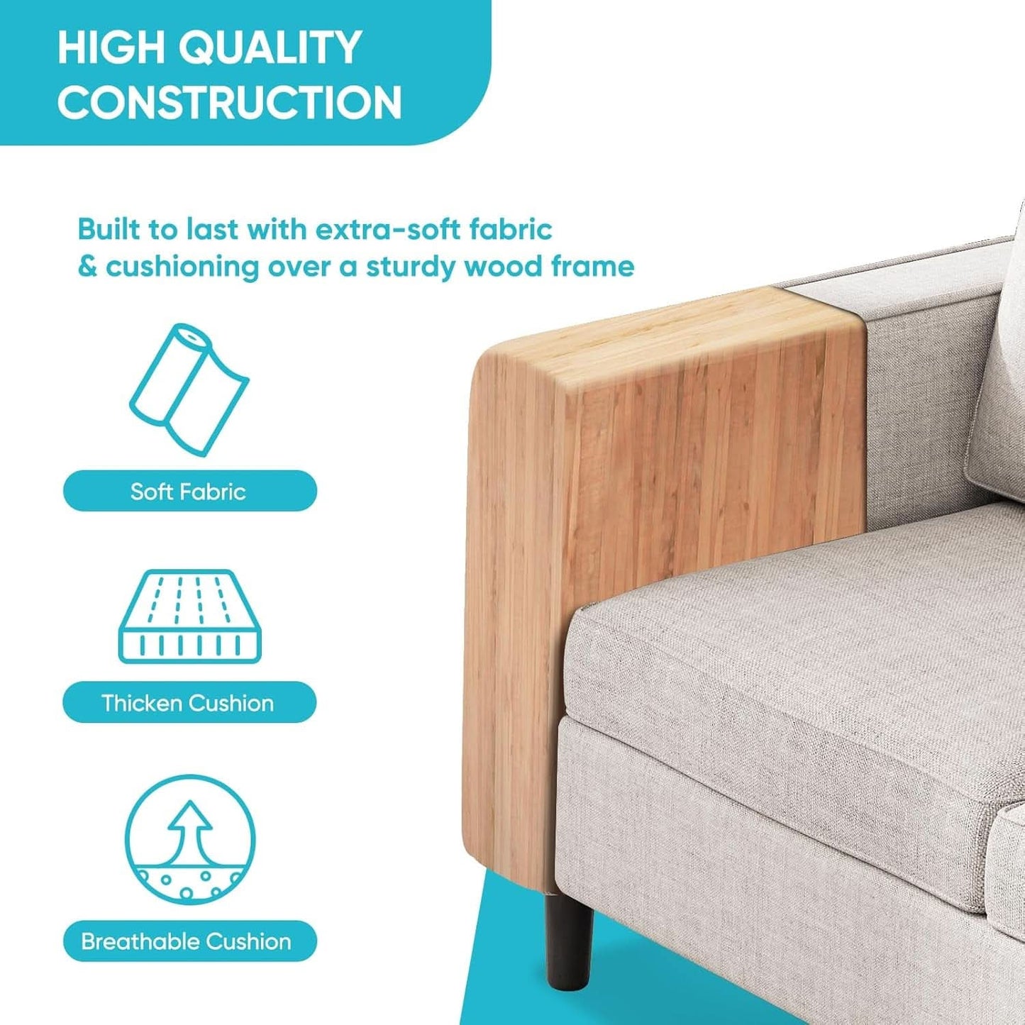 Beige 6 Seater Sectional Sofa With Movable Ottoman