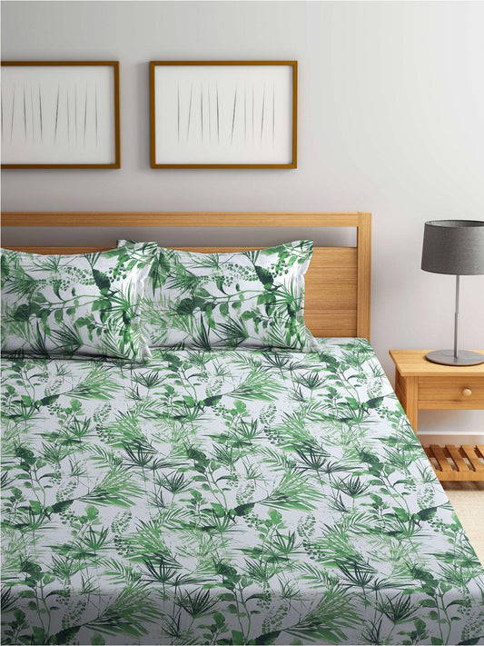 BOMBAY DYEING Serenita Green & White Floral Cotton 144TC Queen Bedsheet & 2 Pillow Covers