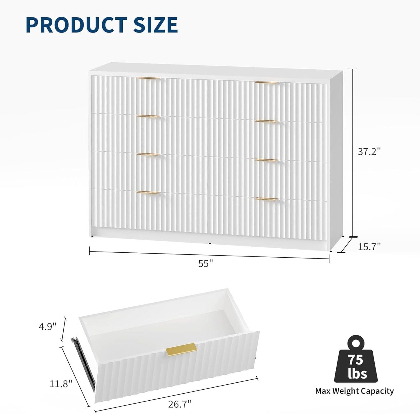 White Solid Maple Dresser Anti Tip LargeCapacityDrawers