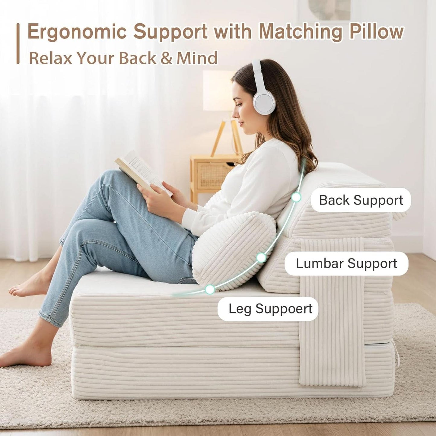 Beige Upholstered Folding Sofa Bed Convertible Floor