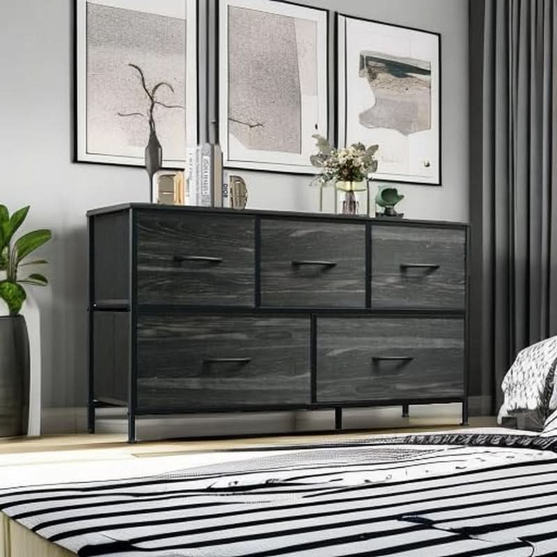 Charcoal Black Wood Grain Dresser With 5 Drawers And Fabric Bins