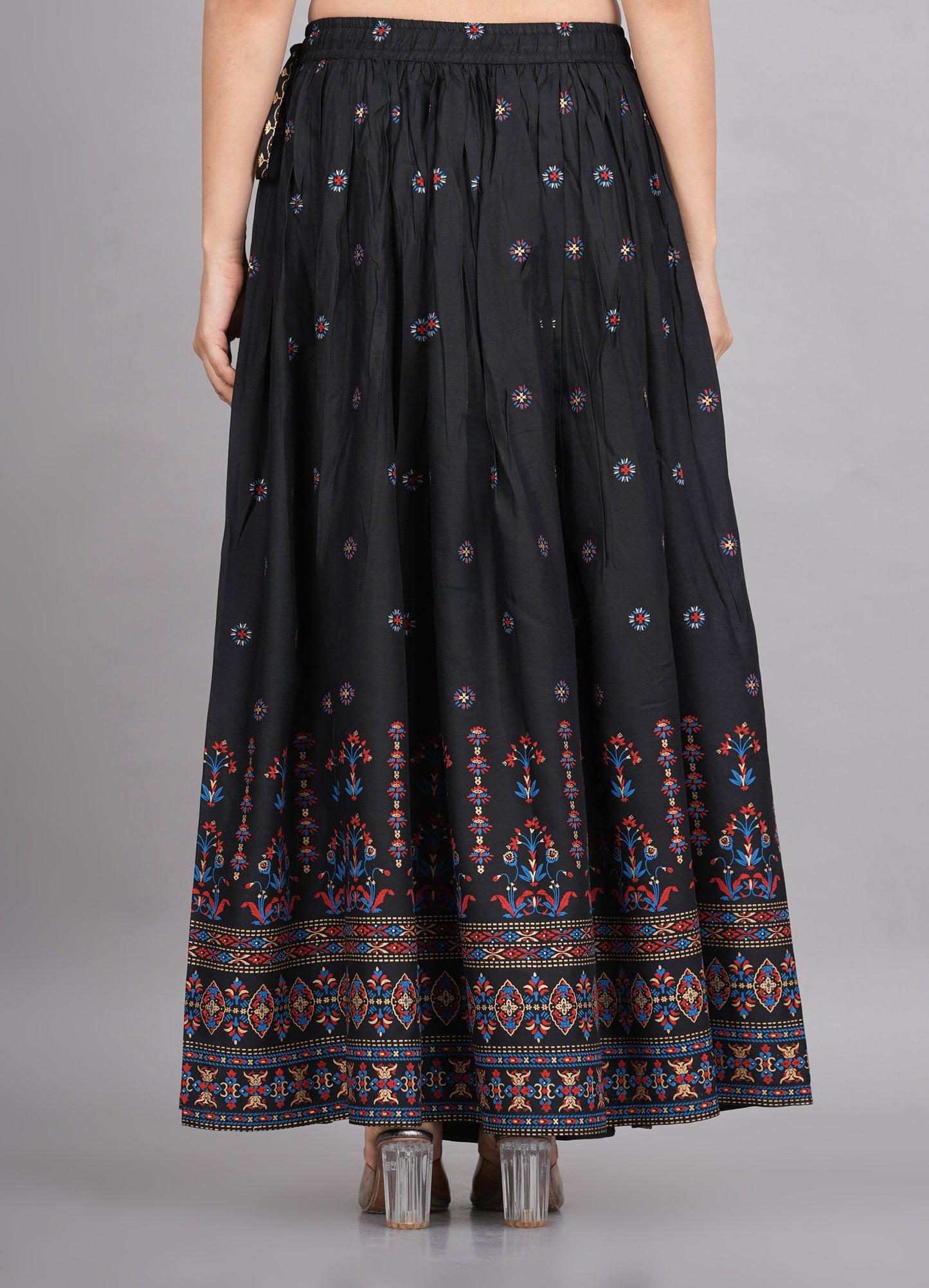 House of RP Women's Black & Pink Rayon Ethnic Printed Circular Skirt