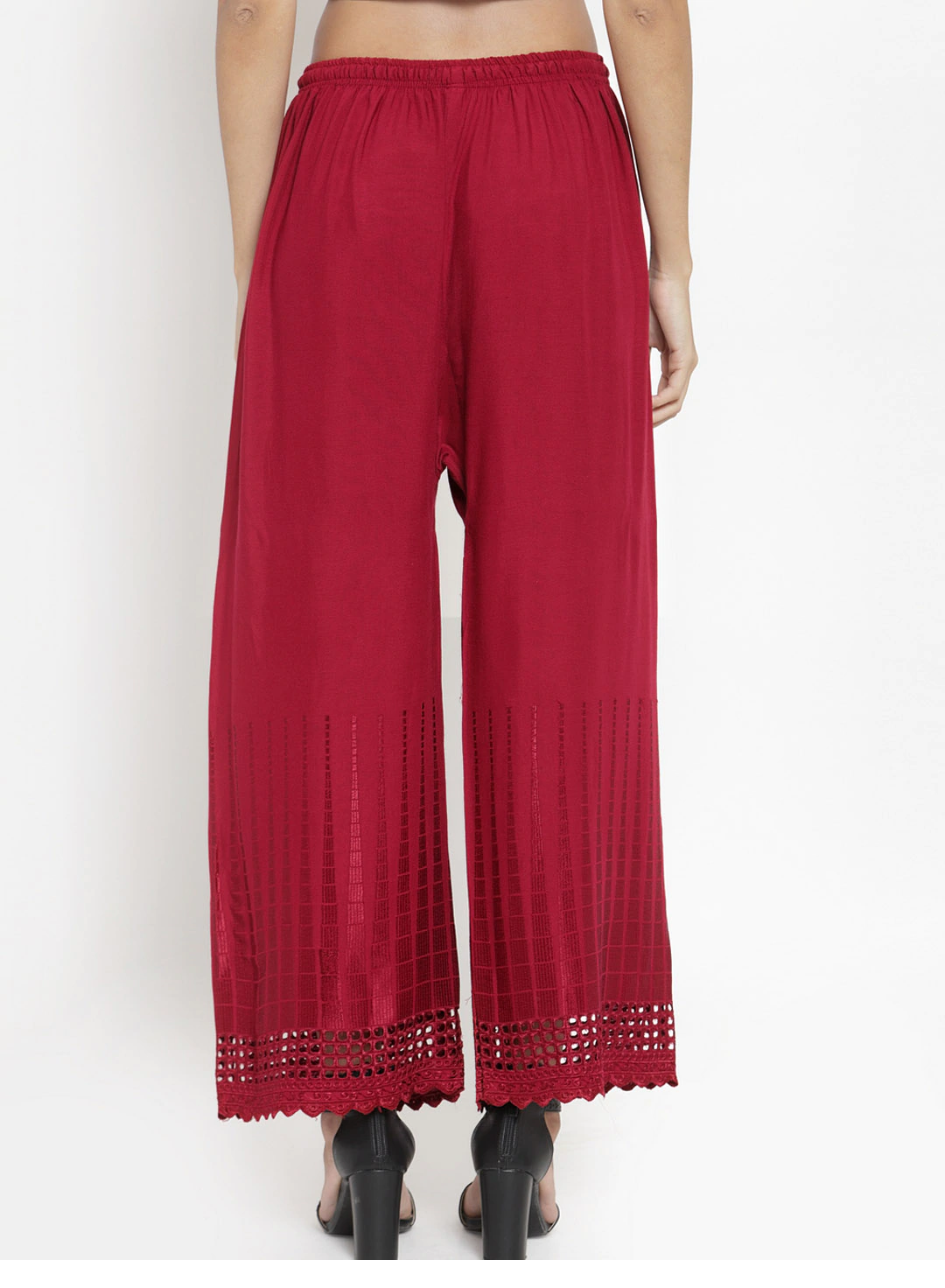 PAVONINE Maroon Color Aari Work Minar Design Rayon Fabric Shrarara