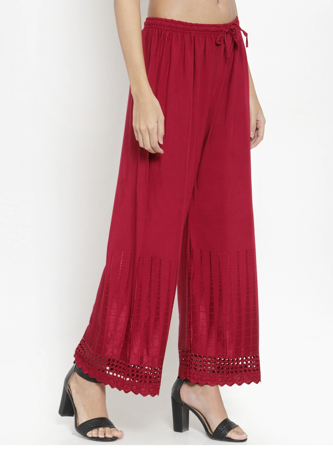 PAVONINE Maroon Color Aari Work Minar Design Rayon Fabric Shrarara
