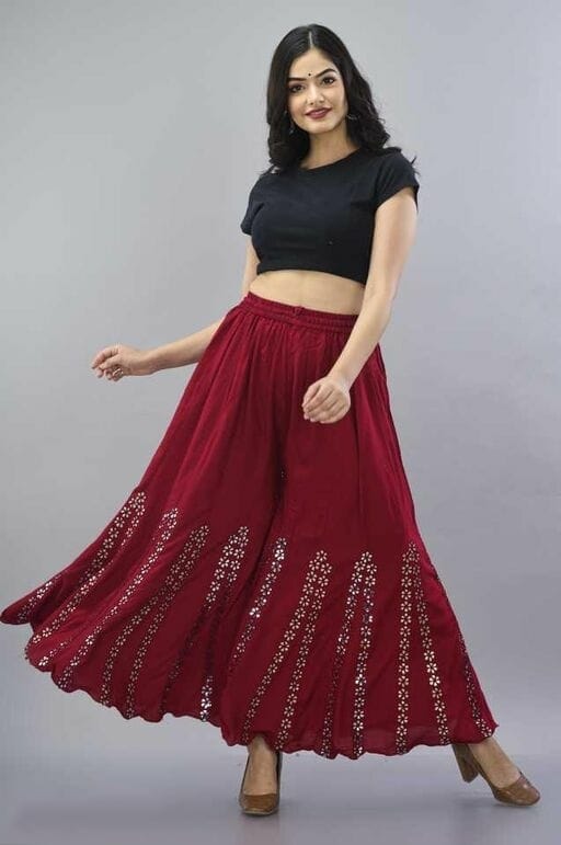 PAVONINE Maroon Color Embroidery Floral Patch Work Flared Sharara For Women