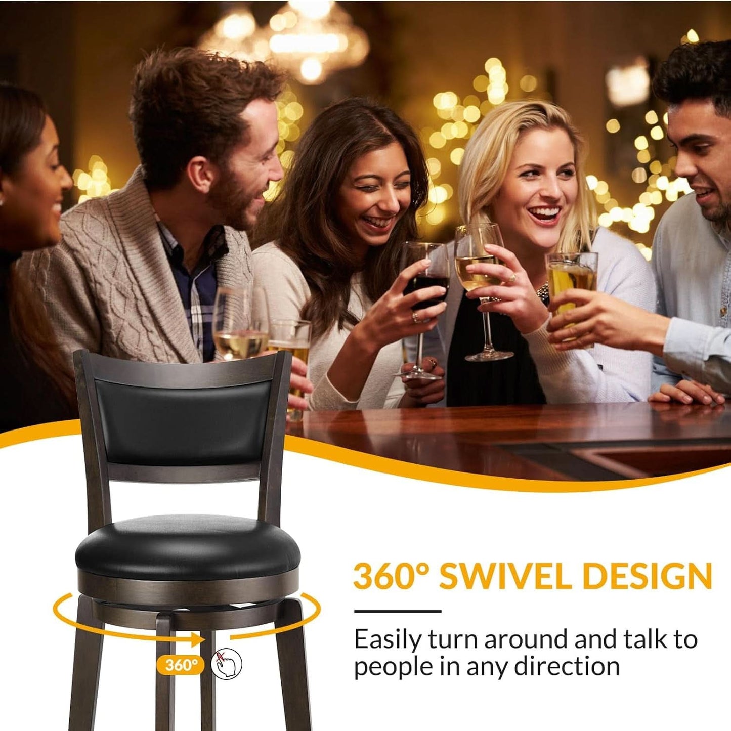 Swivel Bar Stools Set of 2 Black Faux Leather 34 Inch