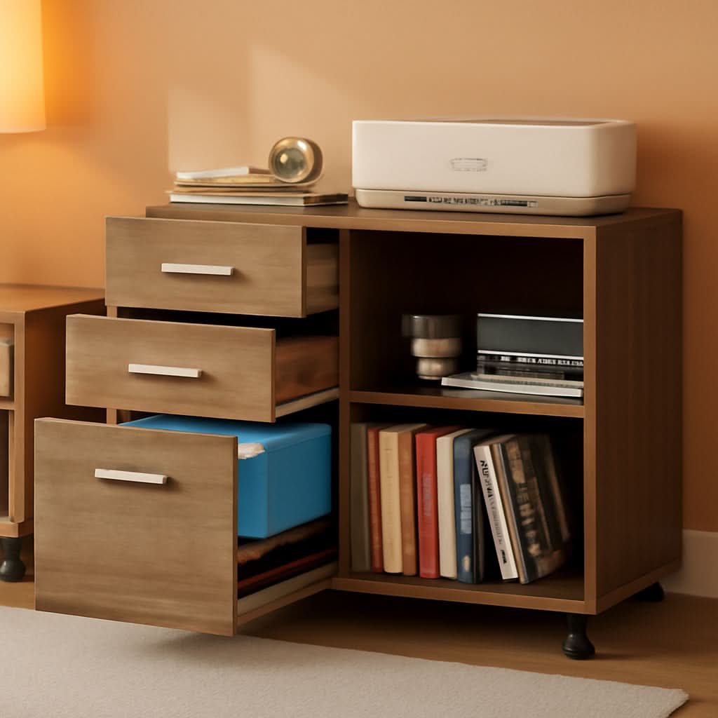 Three Drawer Mobile File Cabinet In Gray Oak With Open Shelves Printer Stand For Home Office