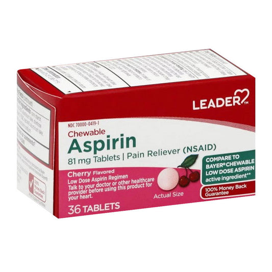 Perrigo Leader, Aspirin, 81 Mg, Chewable, Tablets, Cherry Flavored