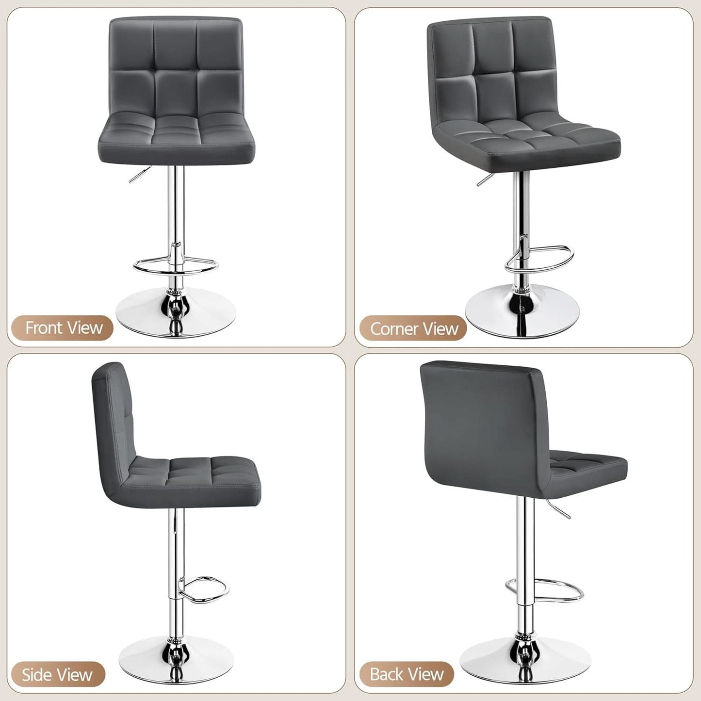 Bar Stools Set of 2, PU Leather Swivel Backrest, Gray