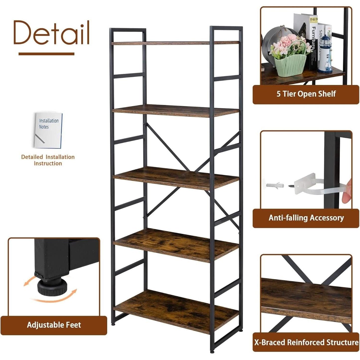 Pair Of 5 Shelf Bookcases Rustic Brown Industrial Tall