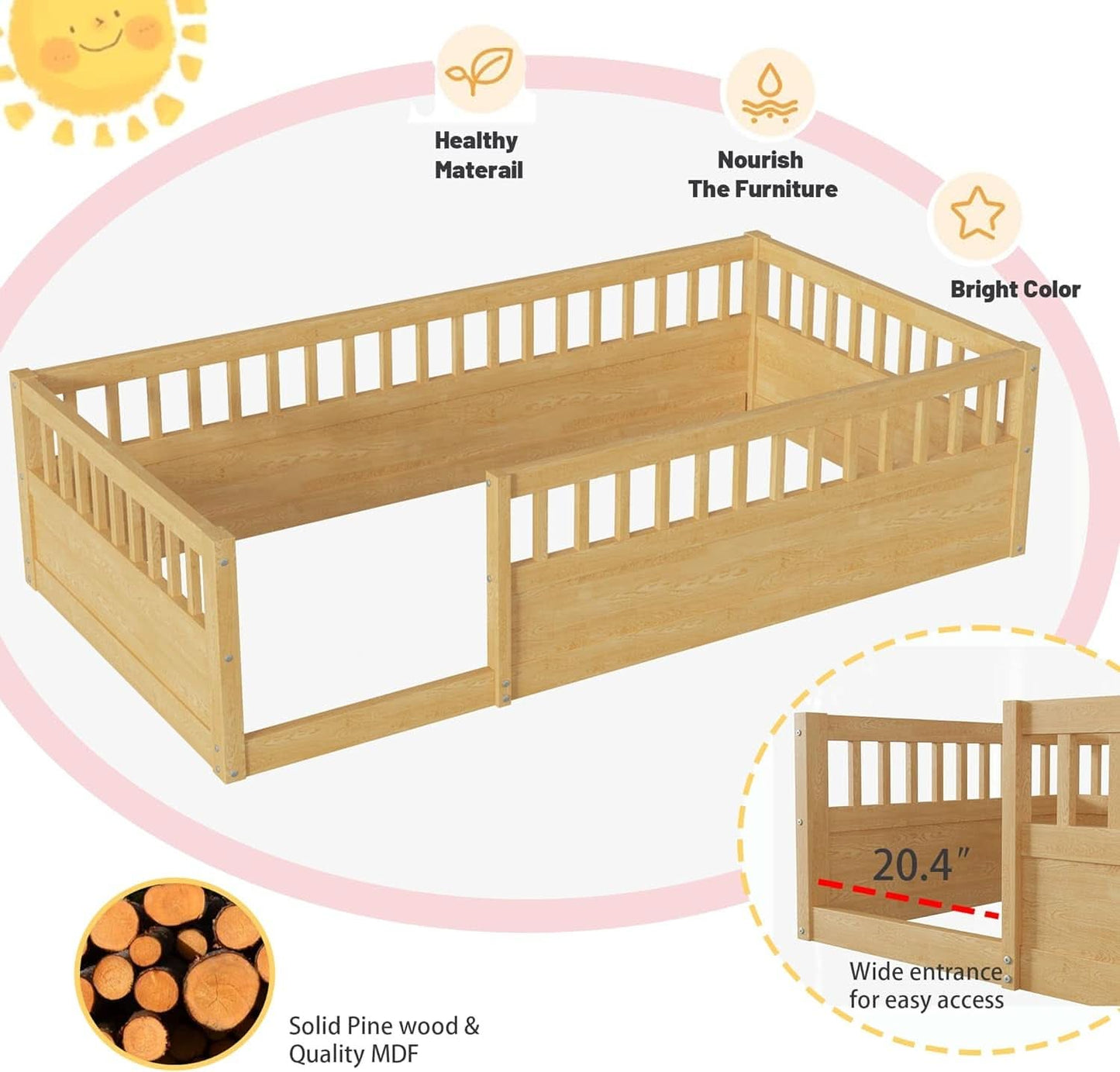 Twin Montessori Floor Bed With High Safety Rails Natural
