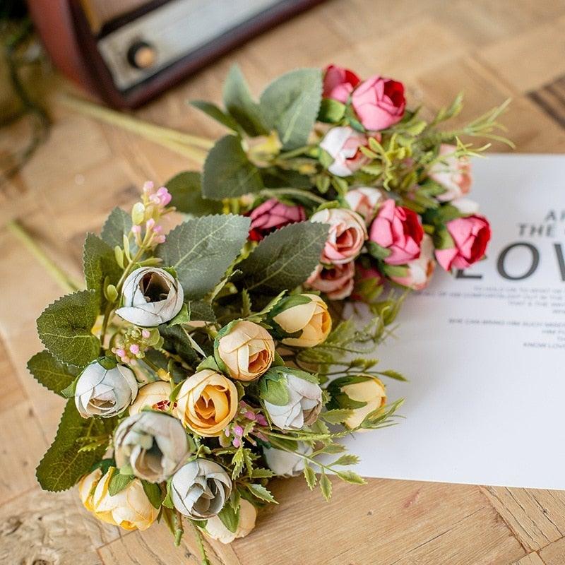 15heads/1 bundle Silk Tea Roses Bride Bouquet for Christmas Home Wedding New Year Decoration Fake Artificial Flowers Home Decor