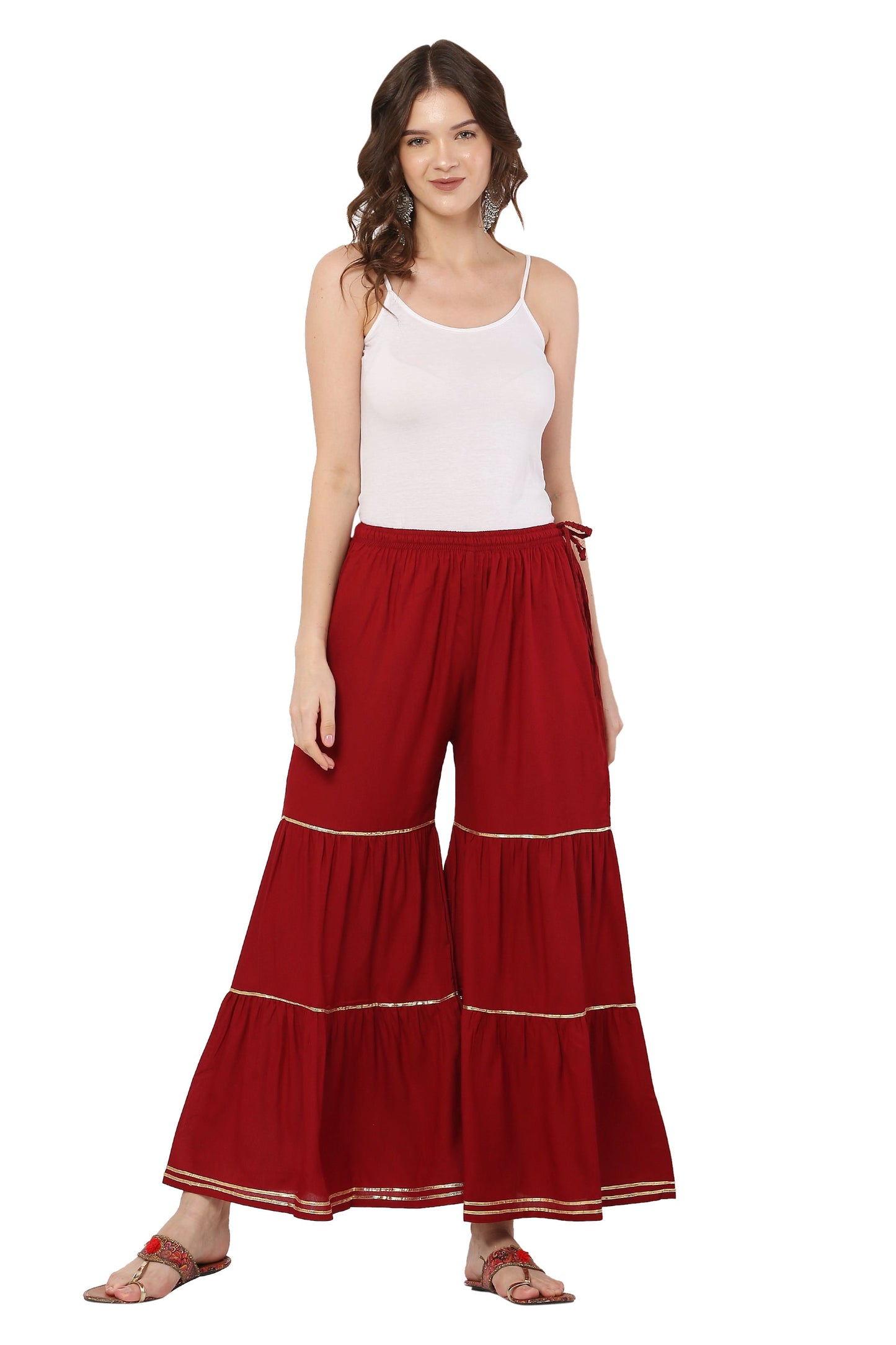 PAVONINE Maroon Color 3-Panels Golden Gota Flared Sharara For Women