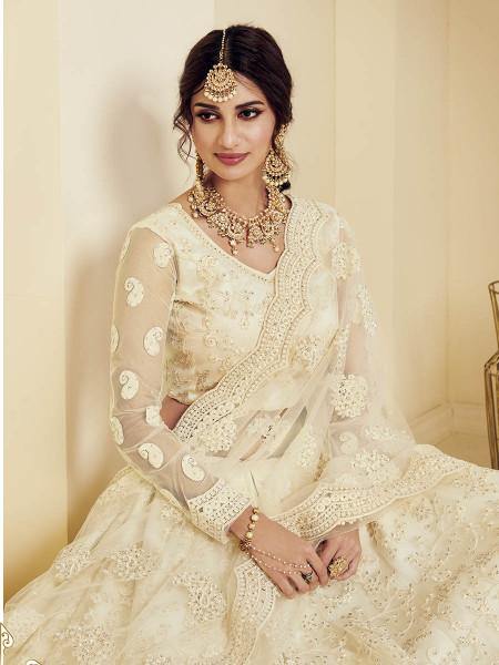 Myra Fashion Off White Heavy Embroidered Net Bridal Lehenga