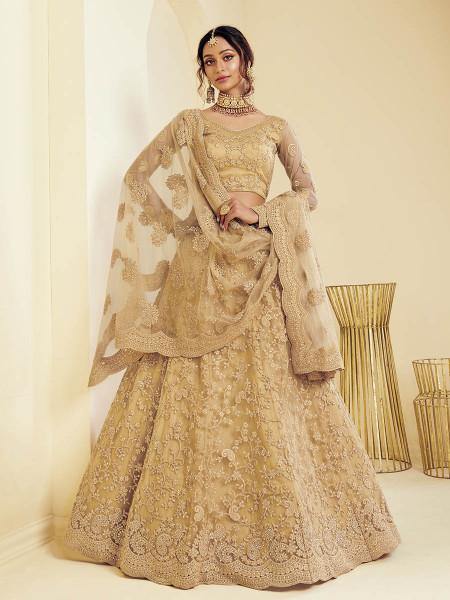 Myra Beautiful Fashion Golden Heavy Embroidered Net Bridal Lehenga