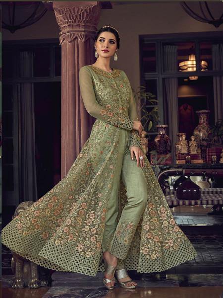 Myra Fashion Pista Embroidered Butterfly Net Anarkali Suit