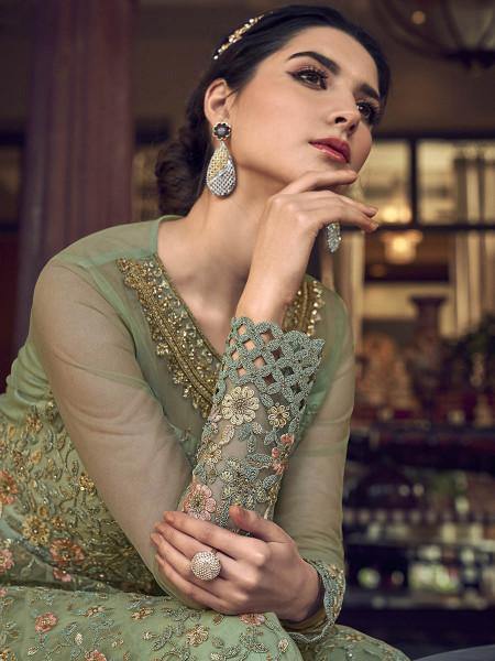 Myra Fashion Pista Embroidered Butterfly Net Anarkali Suit