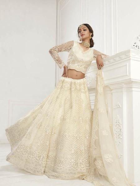 Myra Beautiful Fashion Off White Heavy Embroidered Net Bridal Lehenga