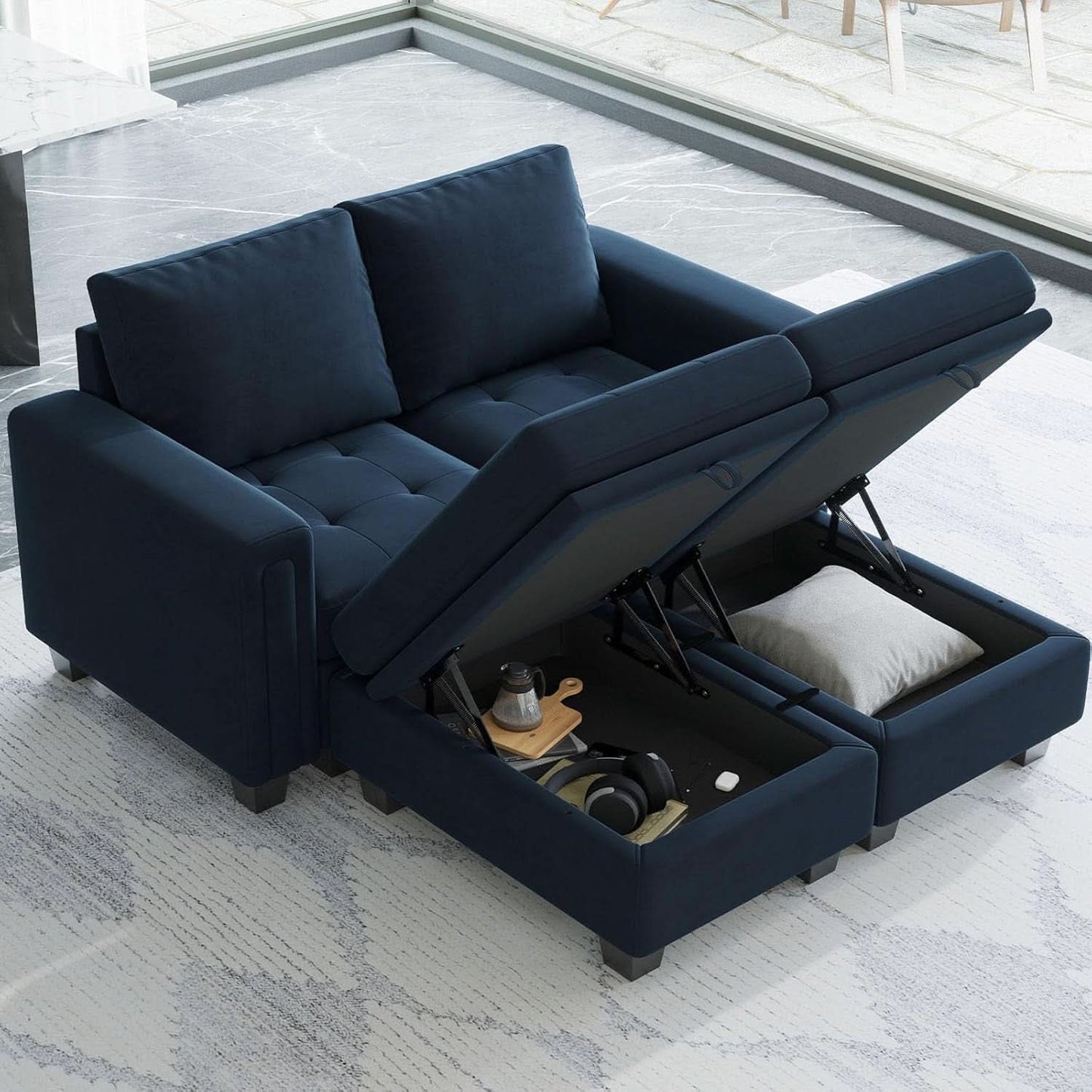 Velvet Modular Sectional Sofa With Storage Sleeper Blue