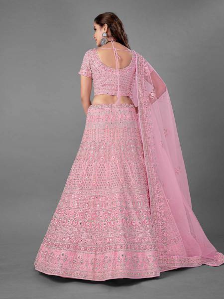 Myra Fashion Pink Heavy Embroidered Soft Net Bridal Lehenga