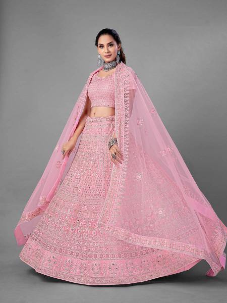 Myra Fashion Pink Heavy Embroidered Soft Net Bridal Lehenga